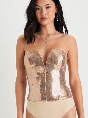 Lulus Charismatic Shine Rose Gold Sequin Strapless Bodysuit